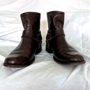 Frye chocolate brown leather harness ankle boots, size 6.5